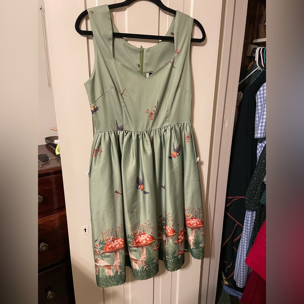 Voodoo Vixen Large Olive Green Dress with Mushroom and Bird Print